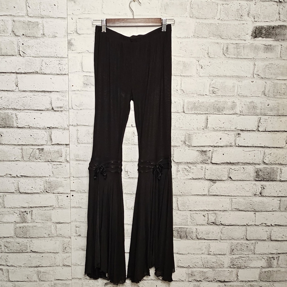 Sugar Thrillz Black Mesh Bell Bottom Lace-Up Pants L – Y2K Gothic Boho Festival